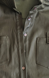 Stretch Lamb Leather Shirt Jacket Olive Green