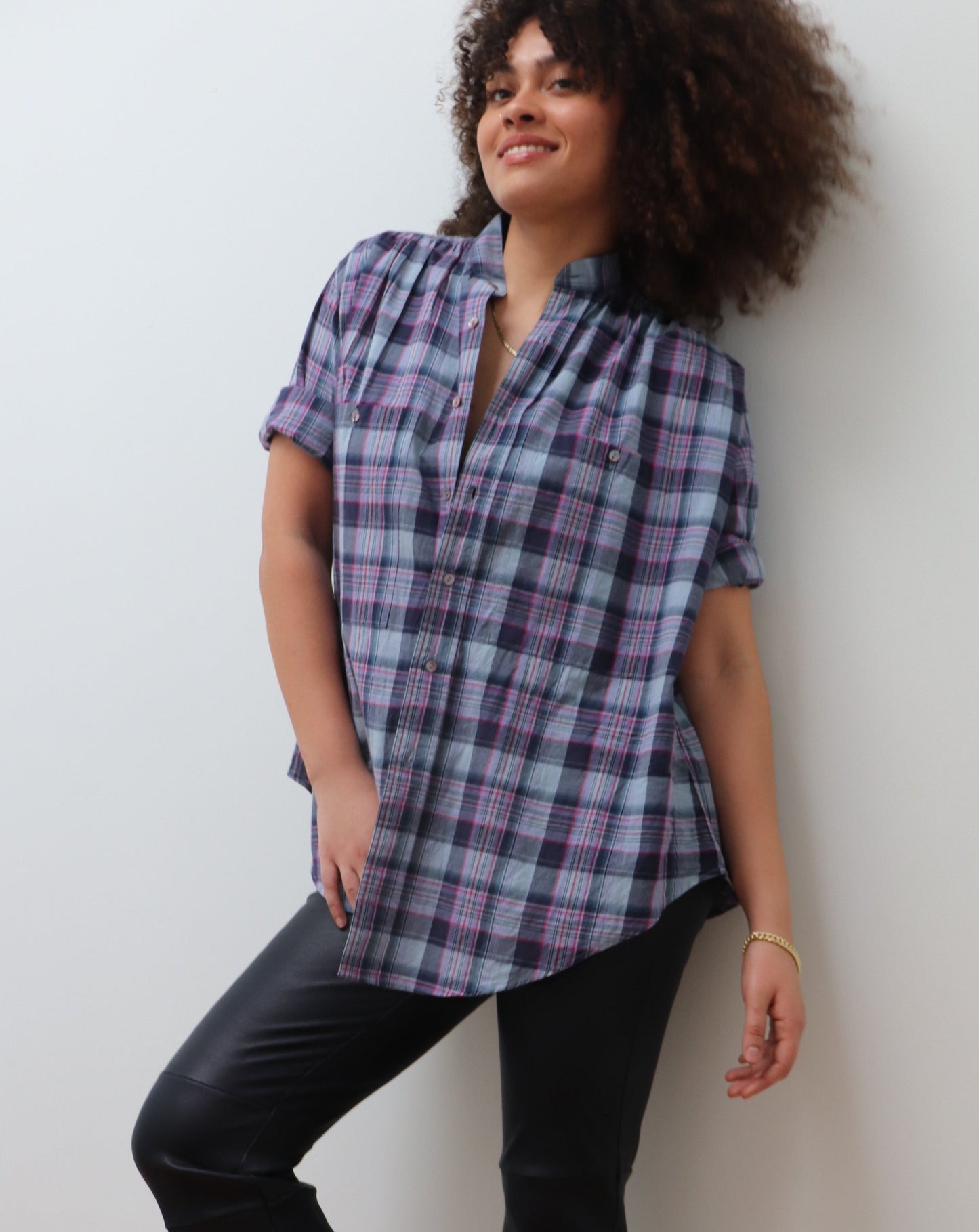 Peasant Shirt, Blue/Pink Plaid