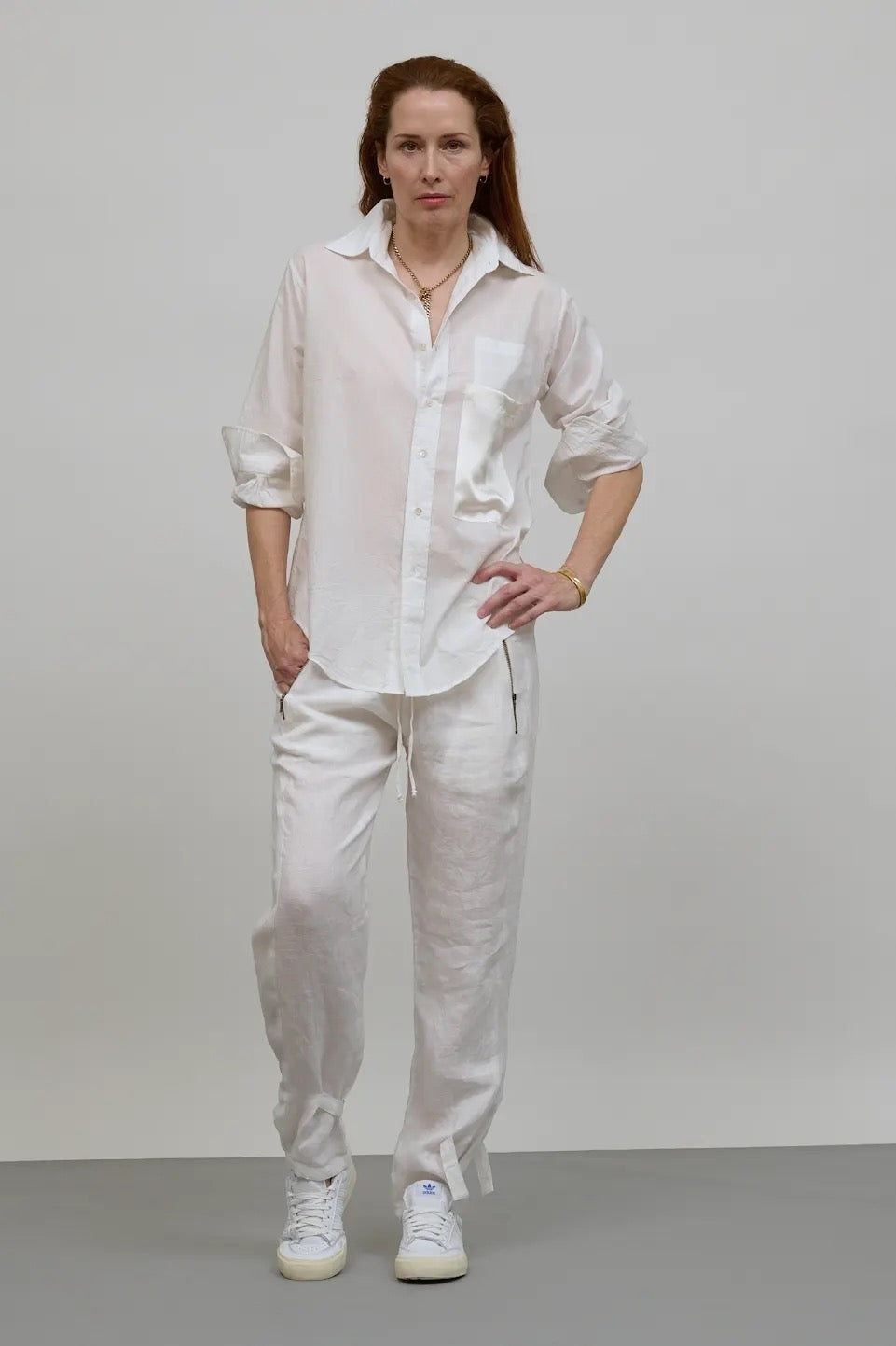 Tailored Drawstring pants. White Summer weight linen.