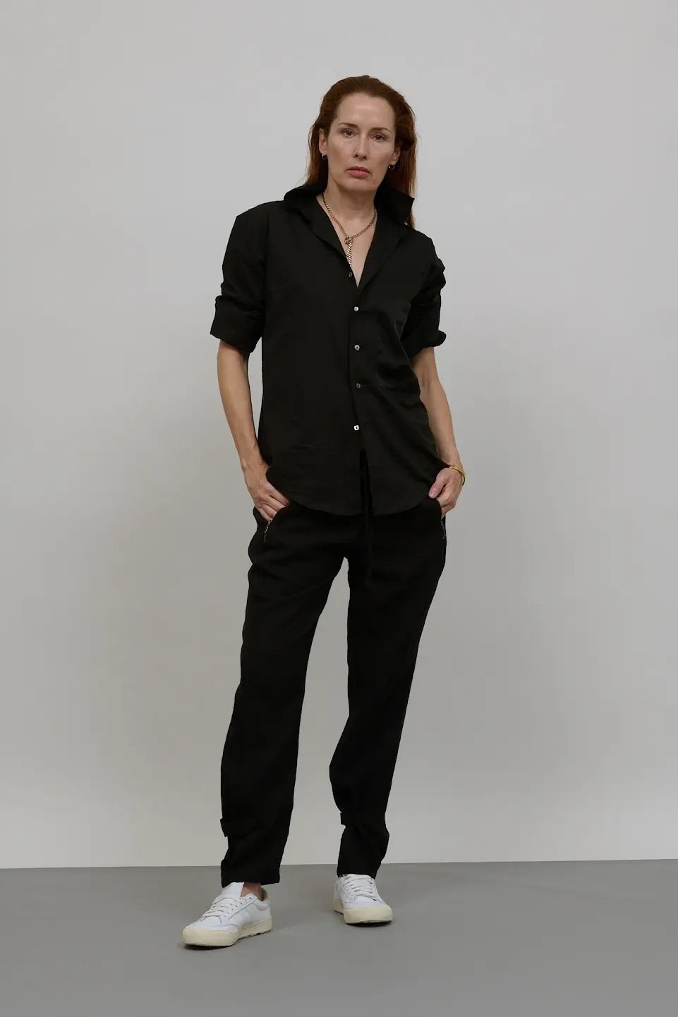 Tailored Drawstring pants. Black Summer weight linen.