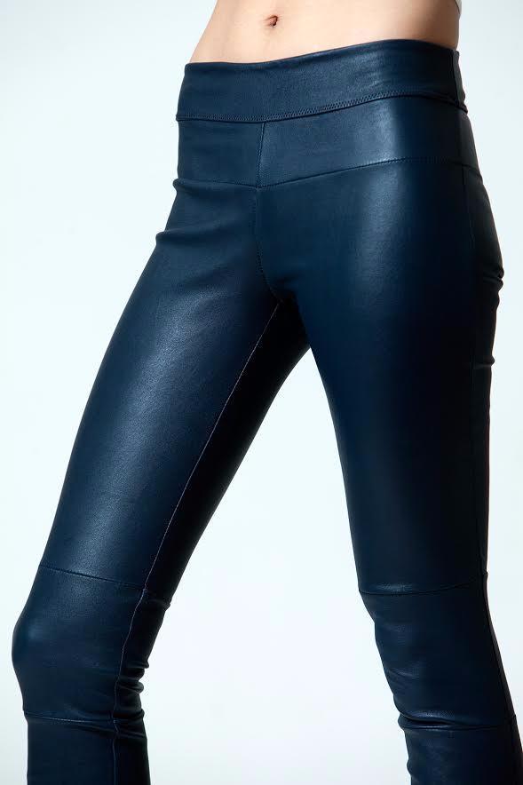 Stretch Lamb Leather Leggings, Atlantic Blue