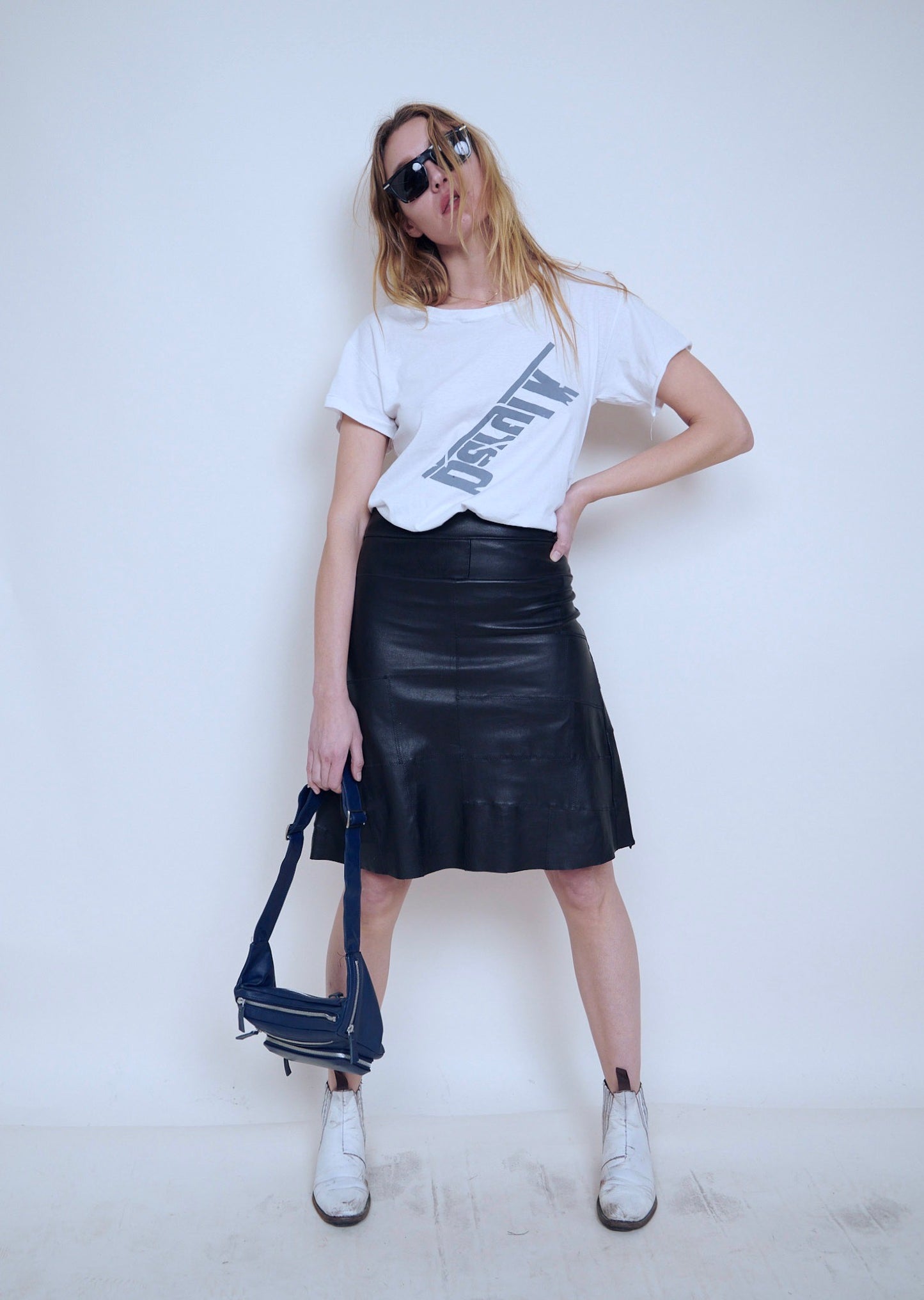 Stretch Lamb Leather Patchwork A-line Skirt: White