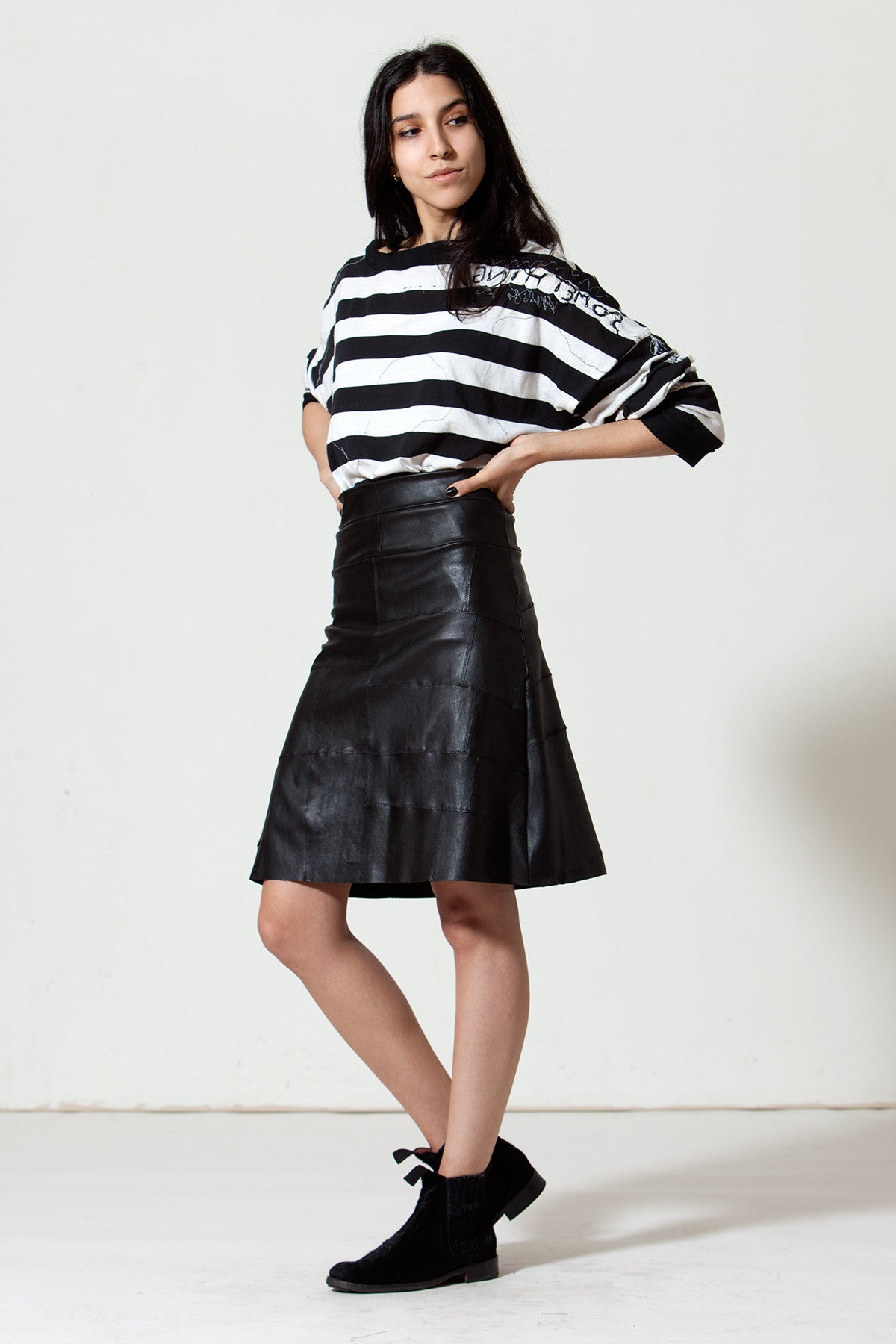 Stretch Lamb Leather A-line Skirt: Black, add or reduce length.