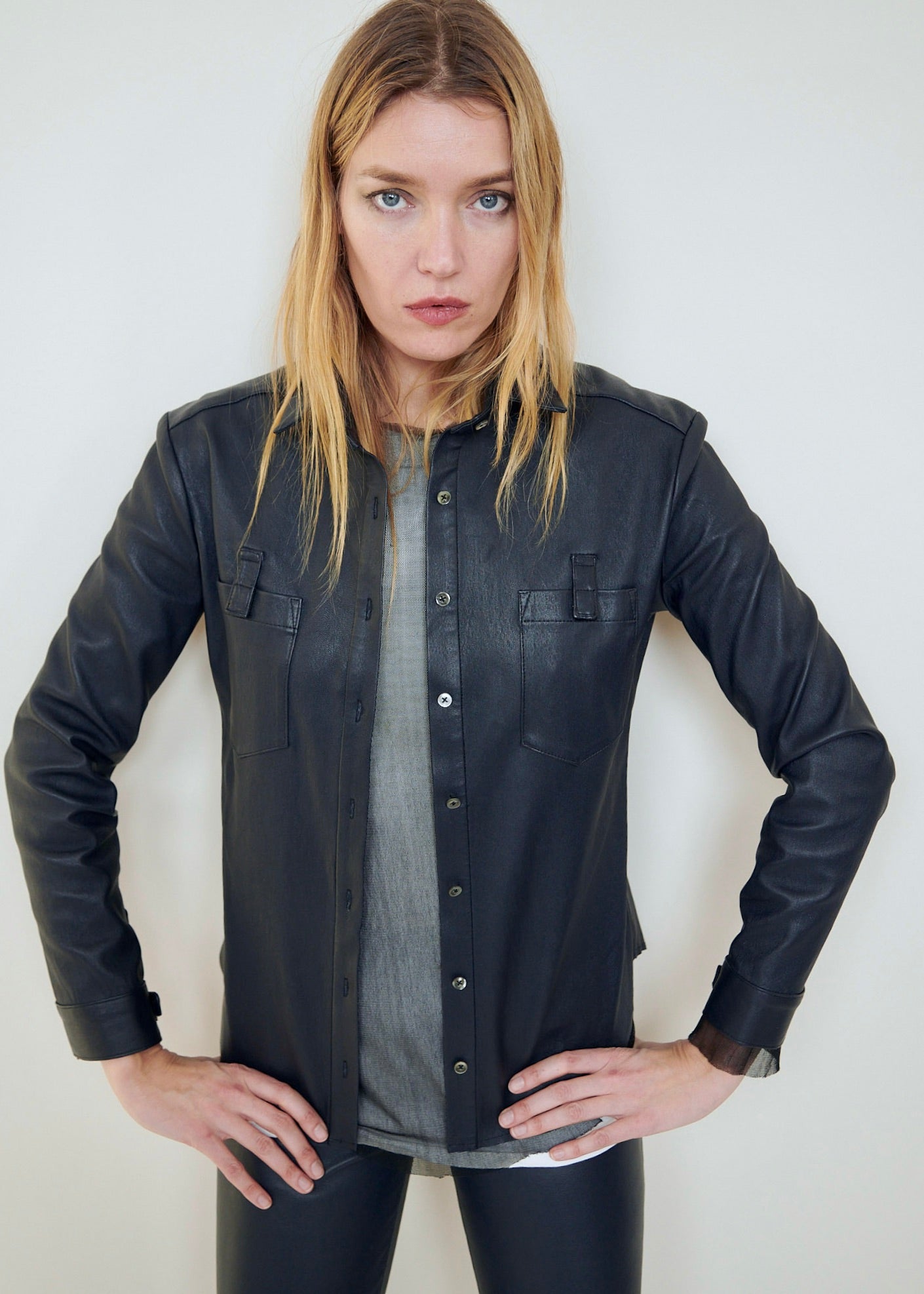 Stretch Lamb Leather Shirt Jacket.