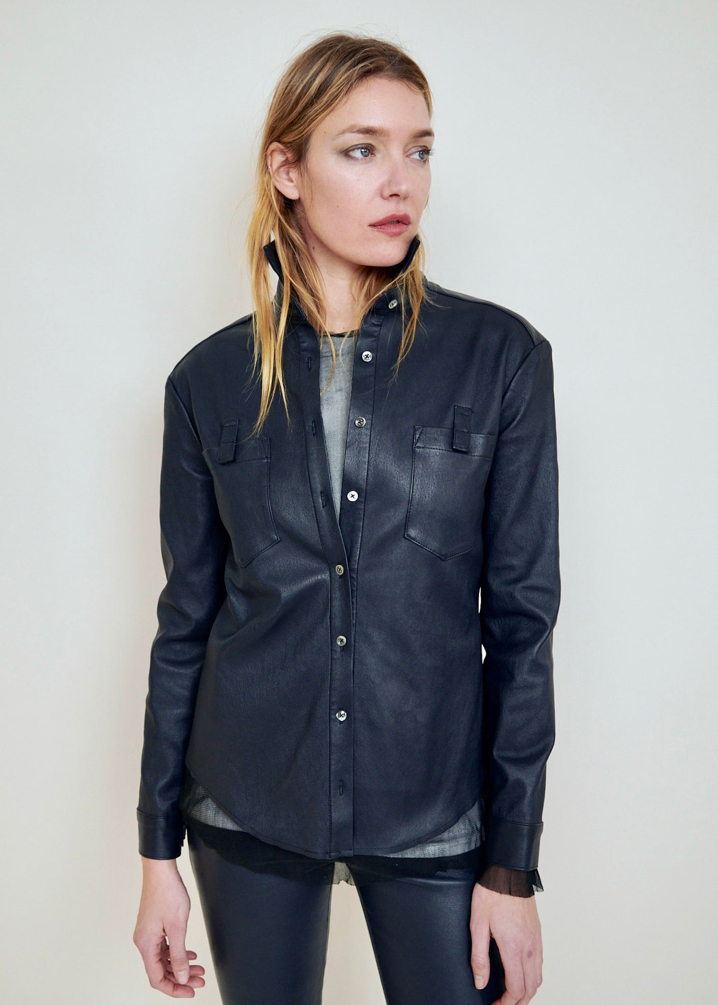 Stretch Lamb Leather Shirt Jacket.