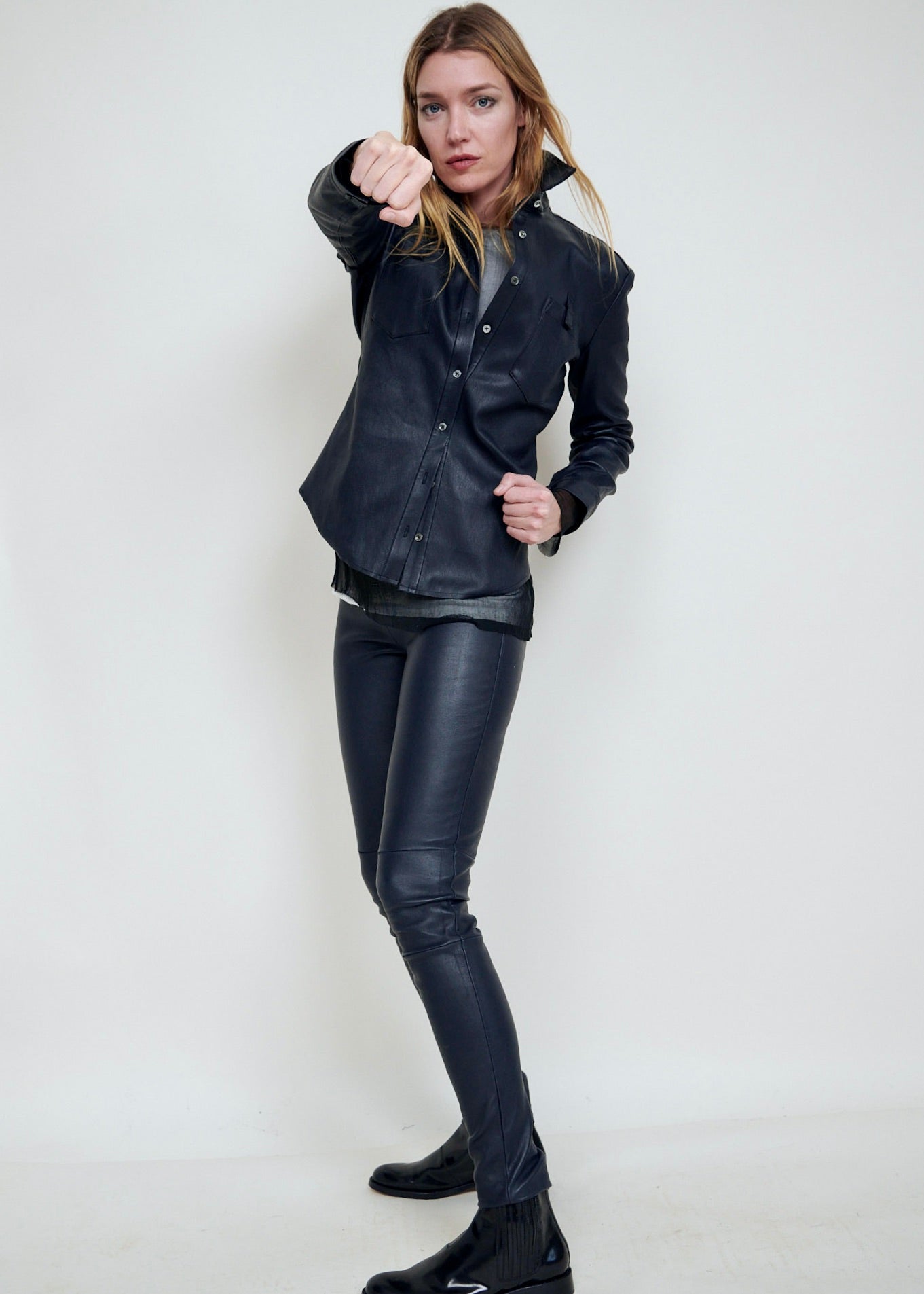 Stretch Lamb Leather Shirt Jacket.