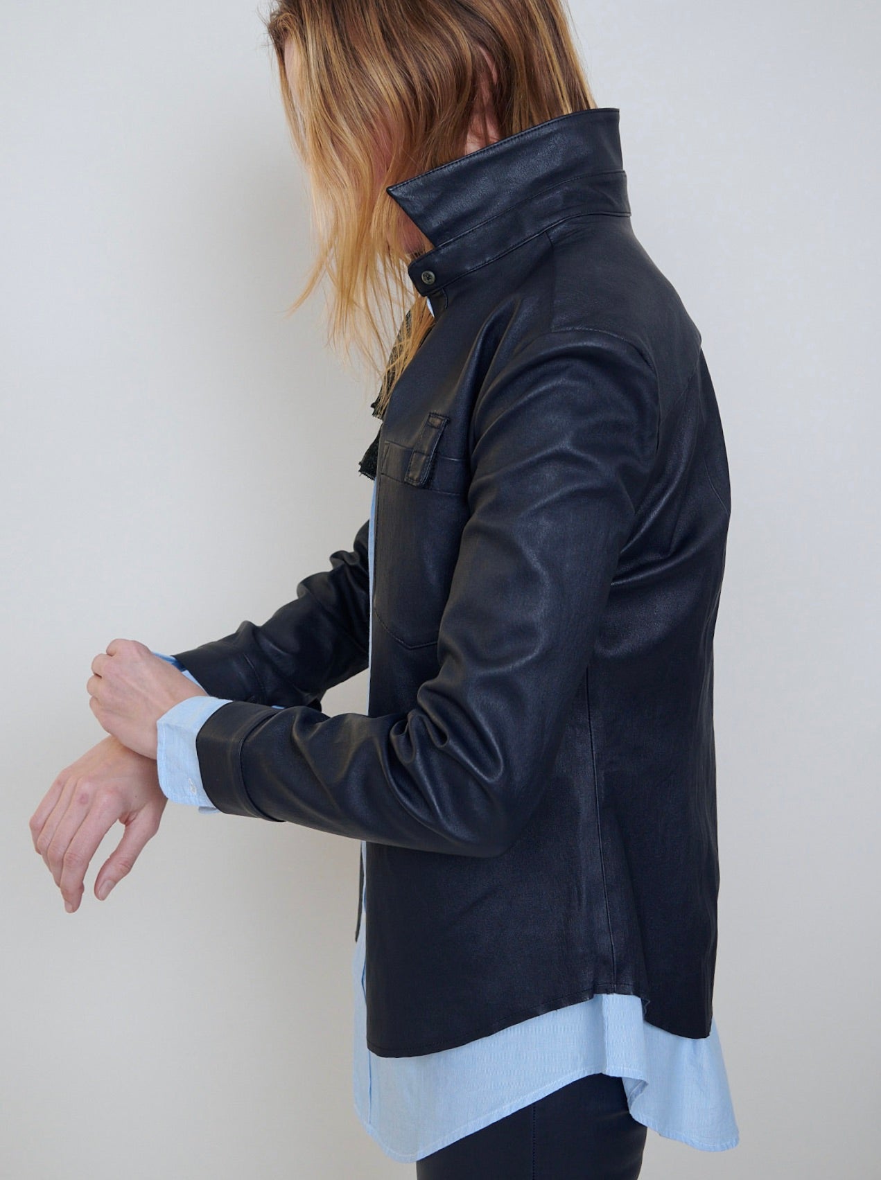 Stretch Lamb Leather Shirt Jacket.