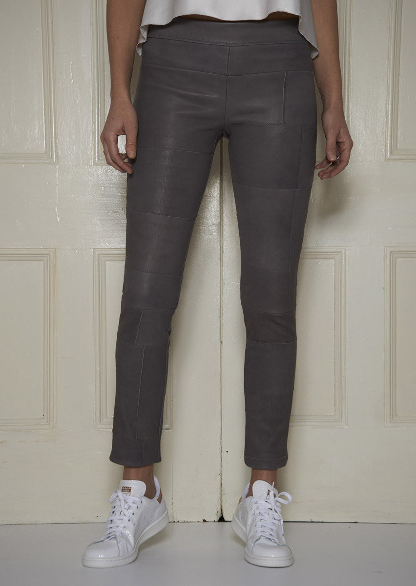 Patchwork Stretch-Leather Leggings: Grey