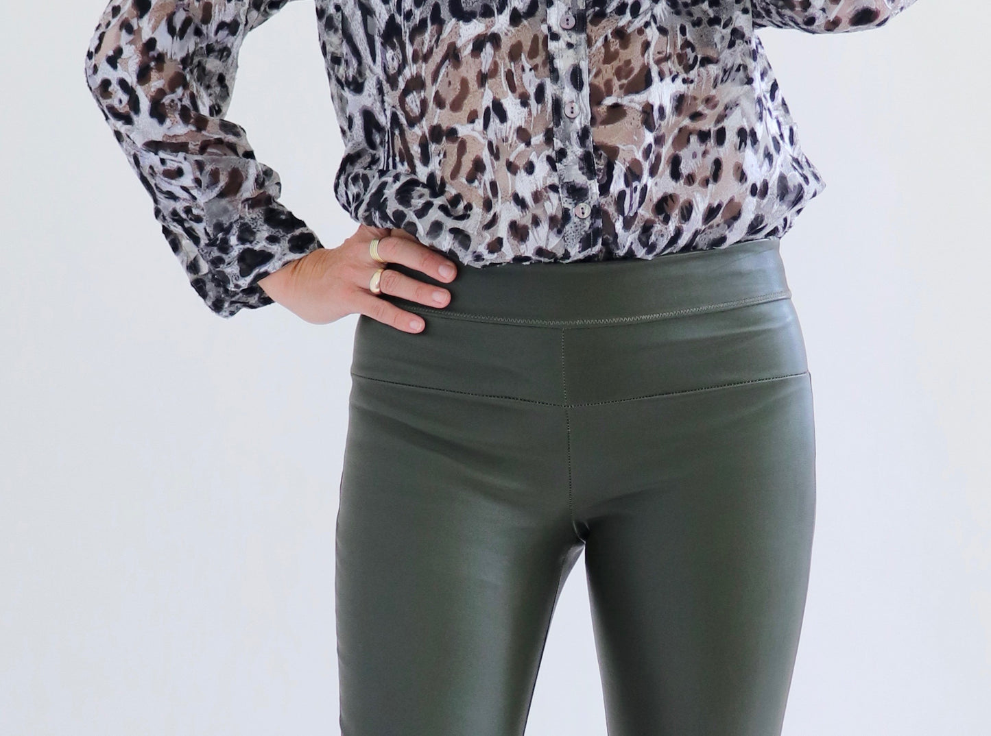 Stretch Lamb Leather Classic Leggings,Olive Green