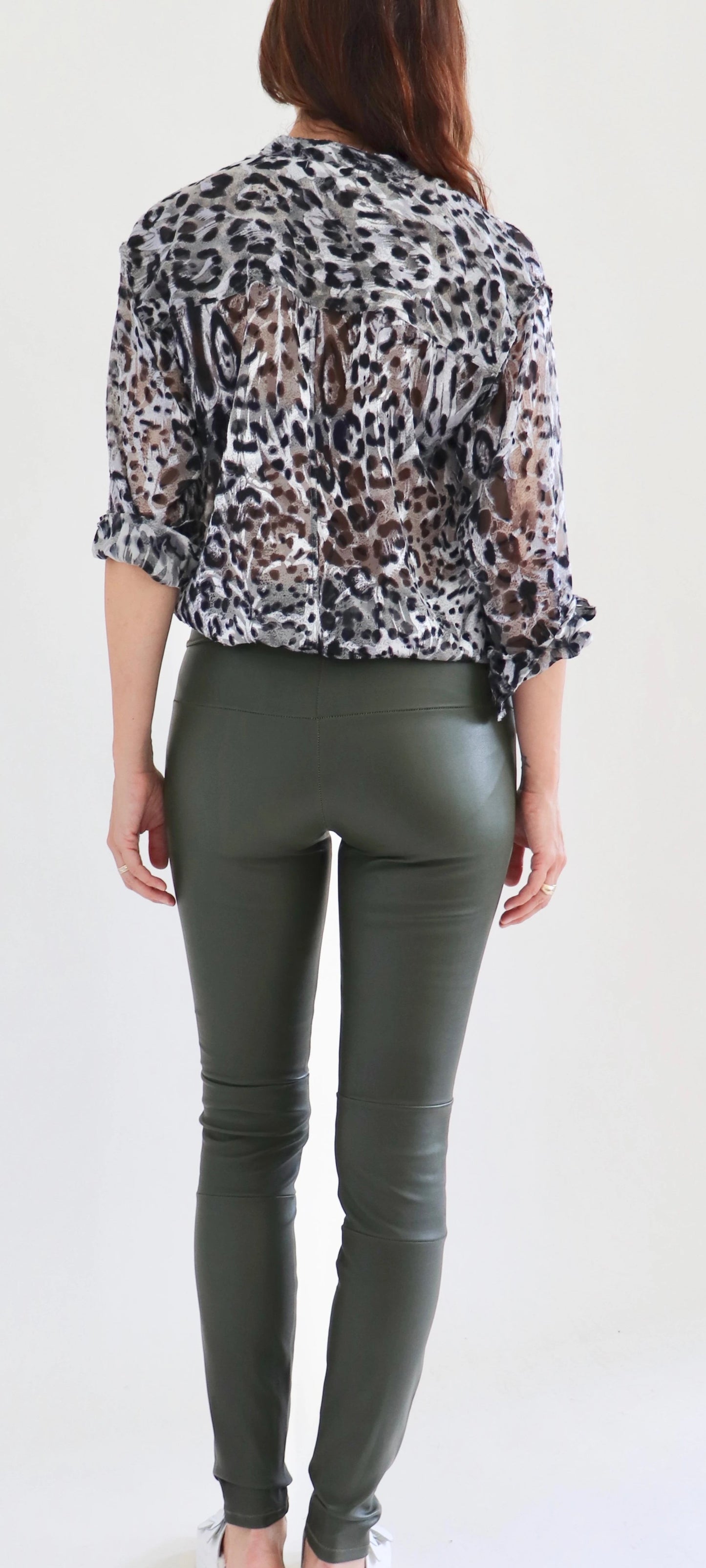 Stretch Lamb Leather Classic Leggings,Olive Green