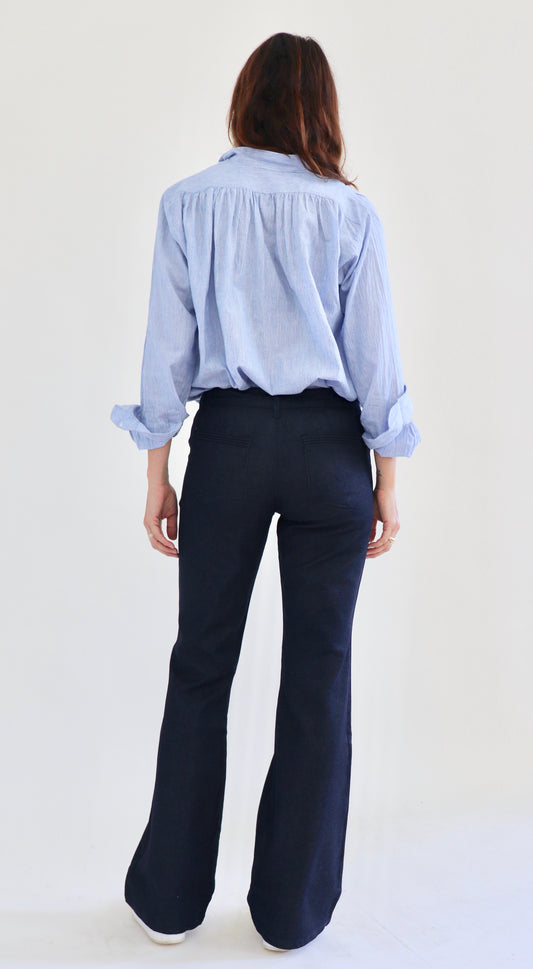 Pintucked Indigo Rinse Stretch Denim Flares