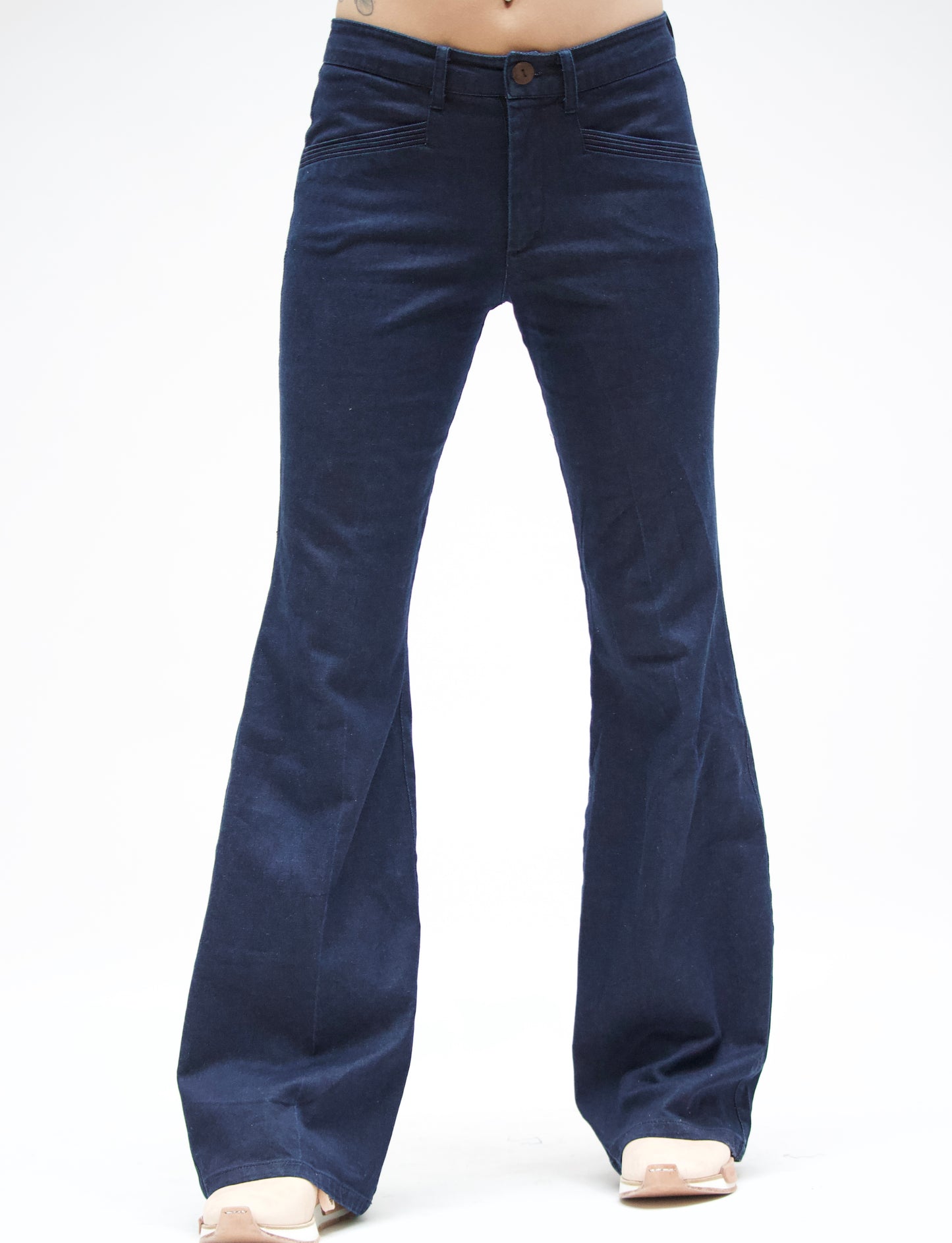 Pintucked Indigo Rinse Stretch Denim Flares