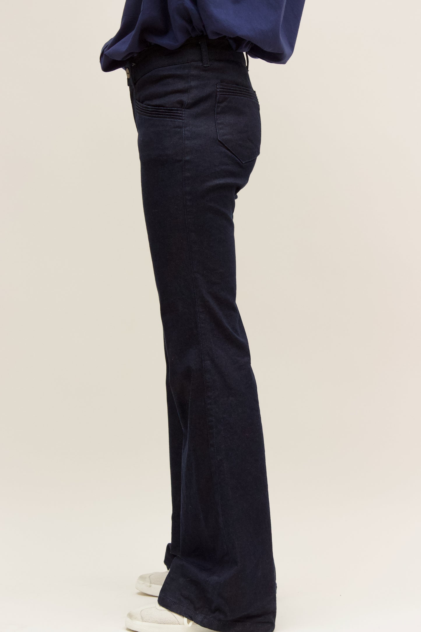 Pintucked Indigo Rinse Stretch Denim Flares