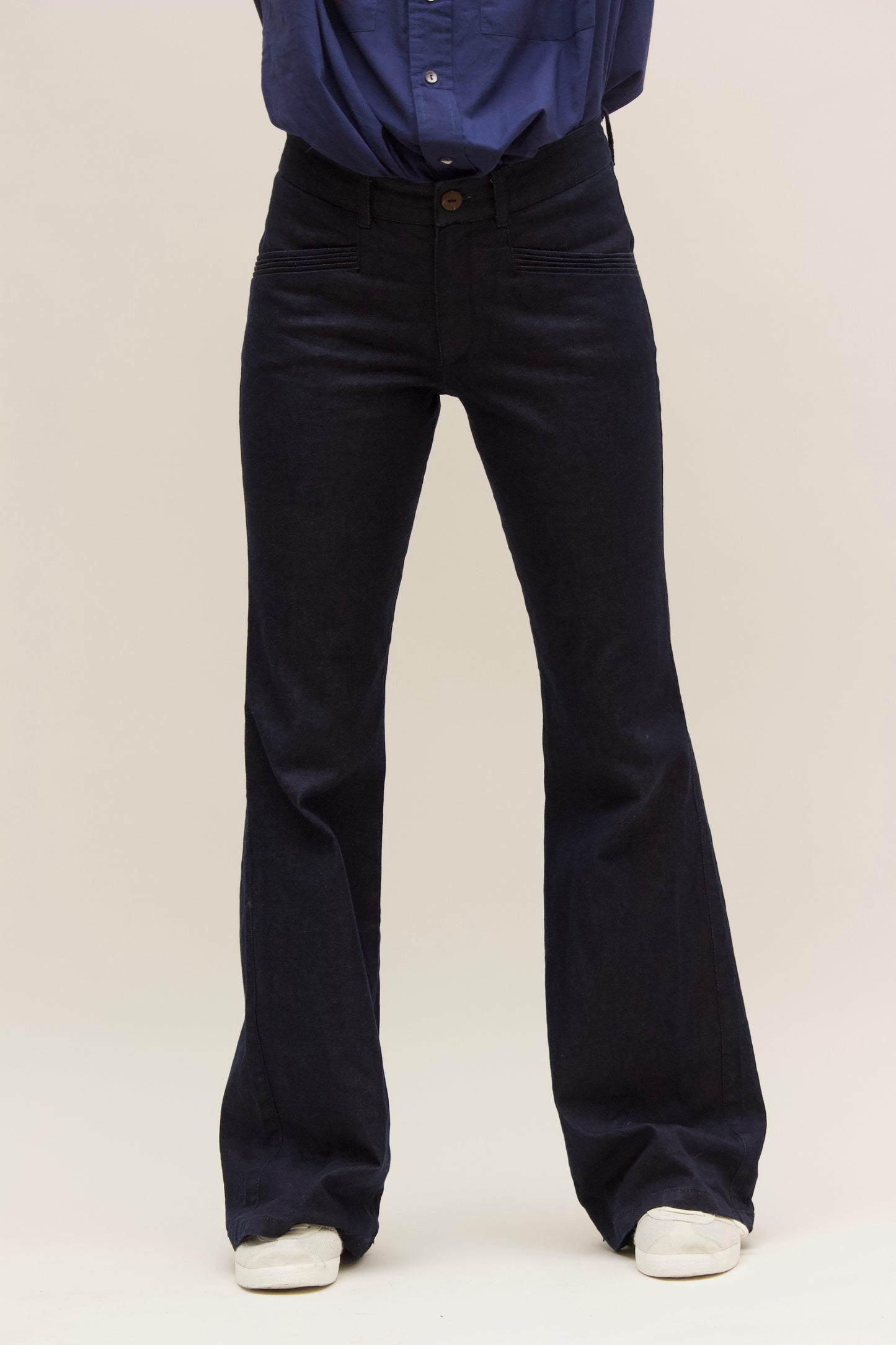Pintucked Indigo Rinse Stretch Denim Flares