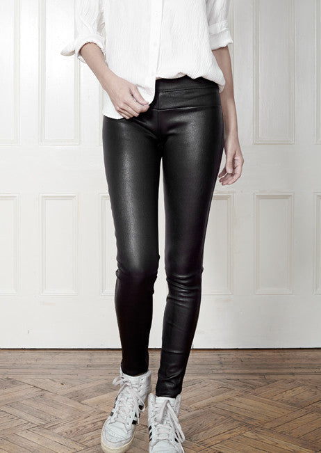 Stretch Lamb Leather Classic Leggings, Black.