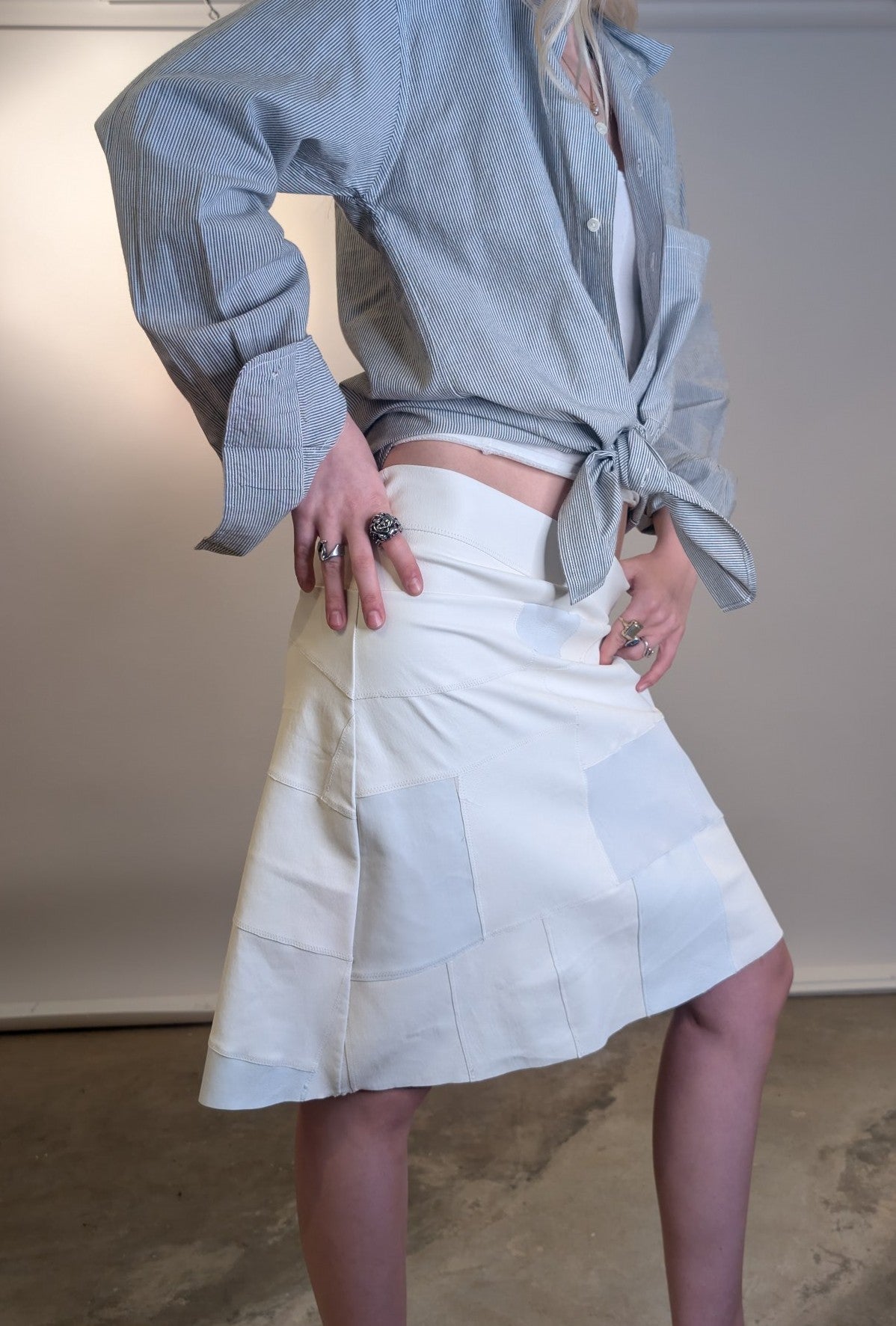 Stretch Lamb Leather Patchwork A-line Skirt: White