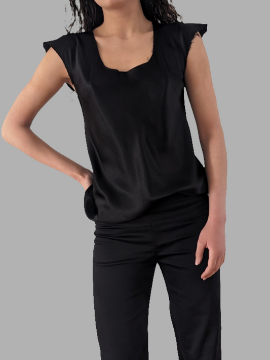 Cap Sleeve Silk Top.  Black