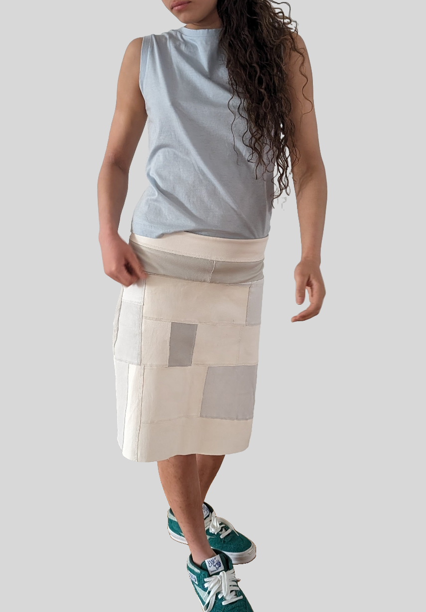 Stretch Lamb Leather Patchwork A-line Skirt: White