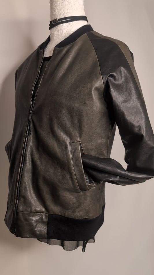 Bomber Jacket. Leather. Olive and Black.
