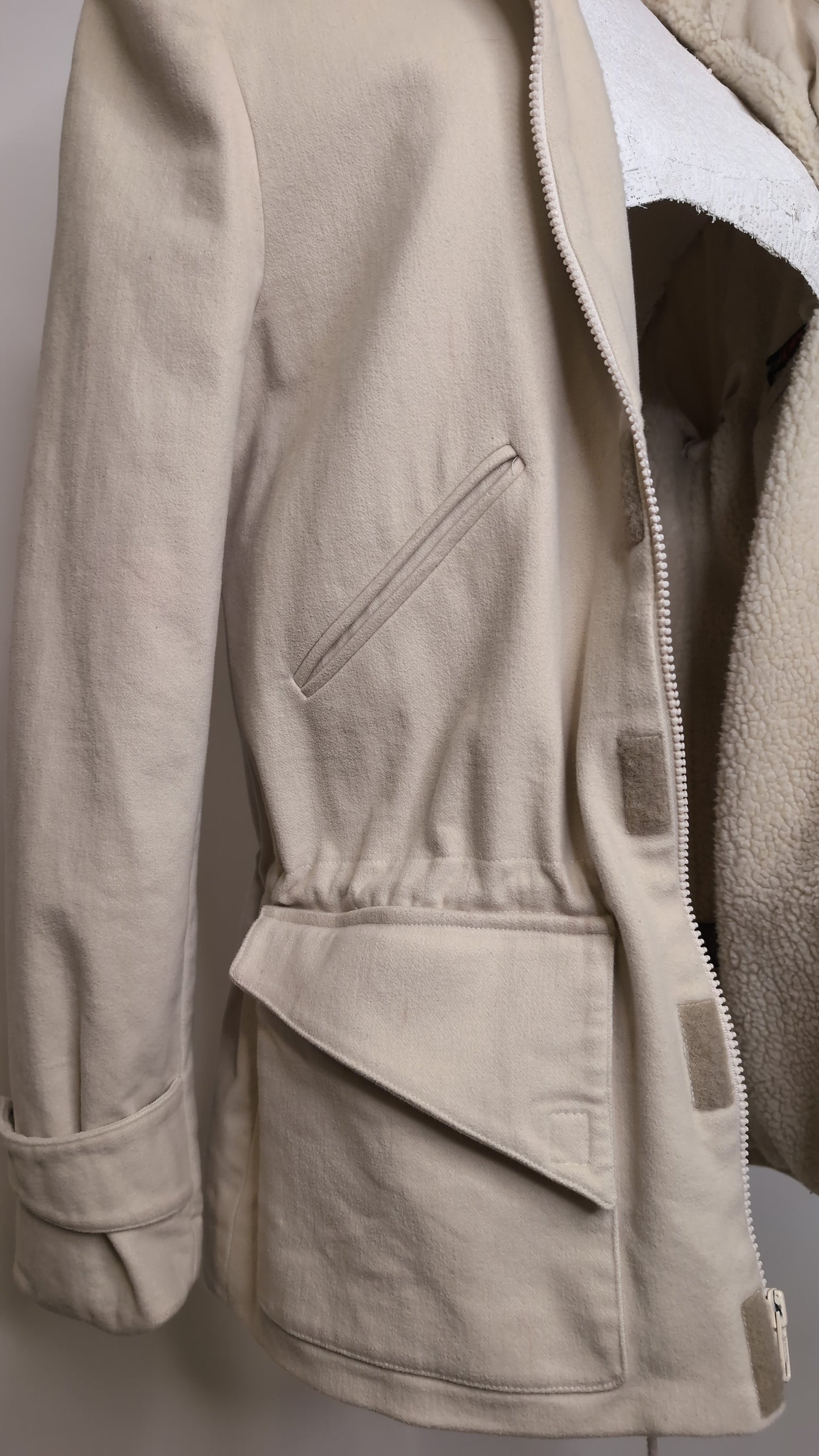 Hooded Parka Jacket.  Cream Stretch Cotton Moleskin.
