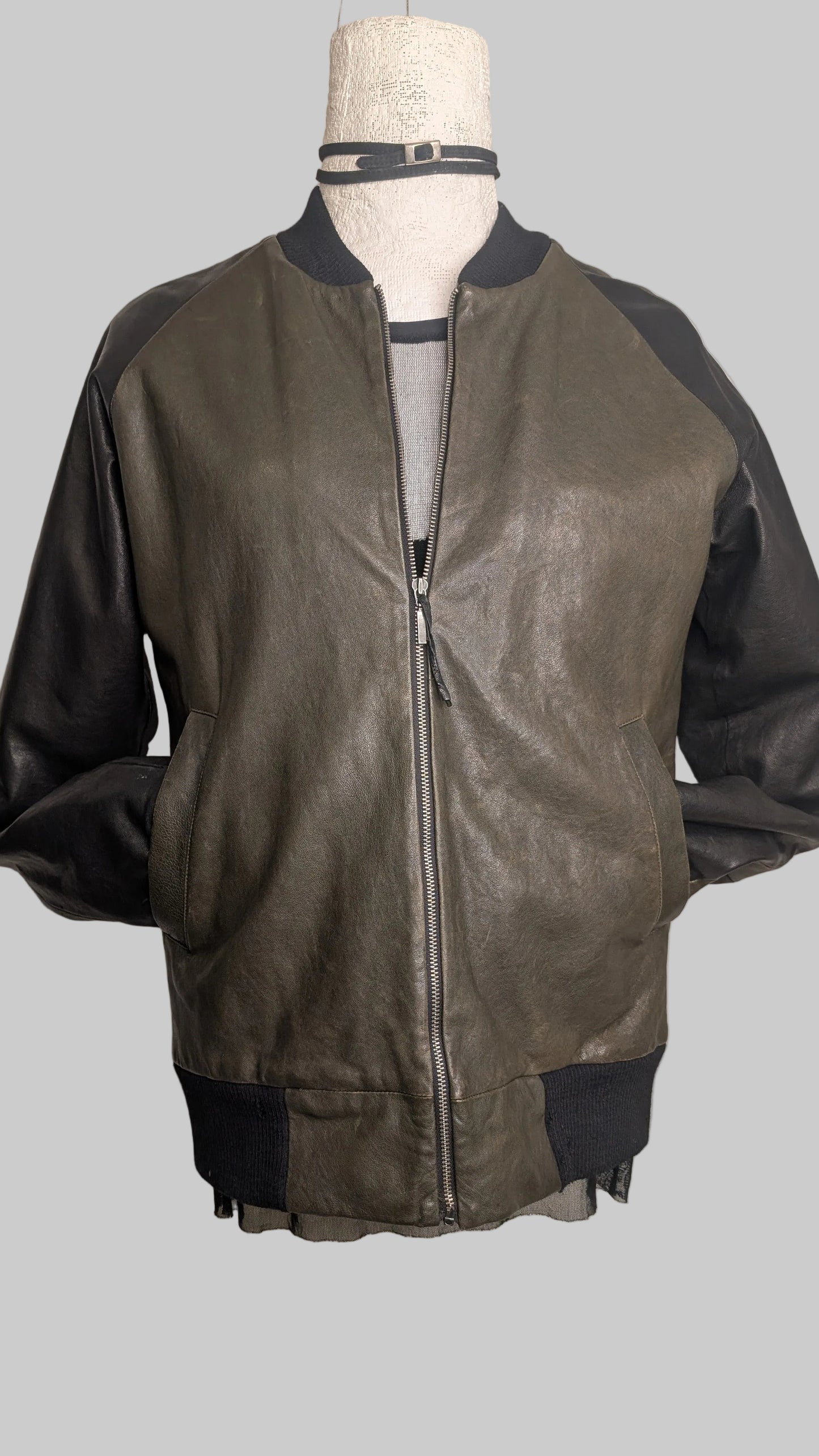 Bomber Jacket. Leather. Olive and Black.