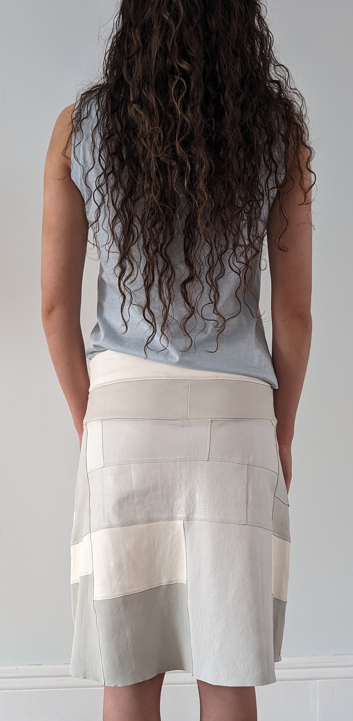 Stretch Lamb Leather Patchwork A-line Skirt: White