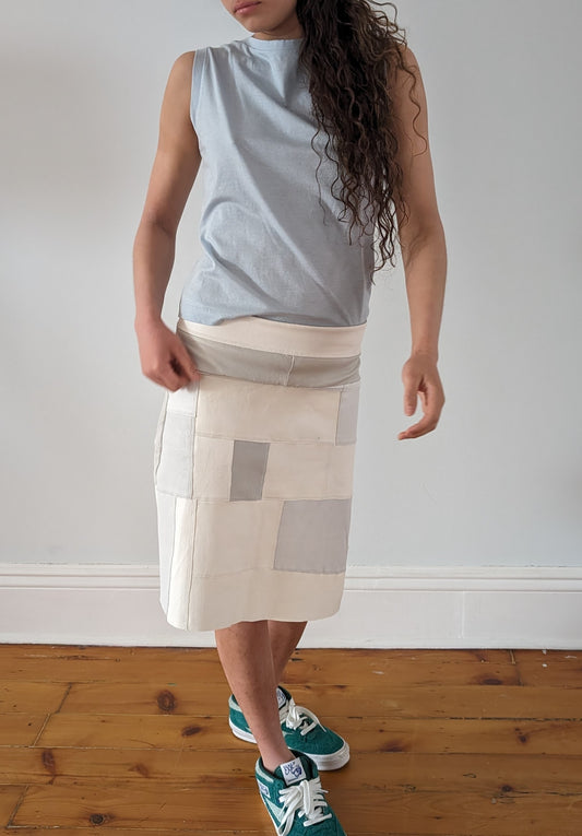 Stretch Lamb Leather Patchwork A-line Skirt: White