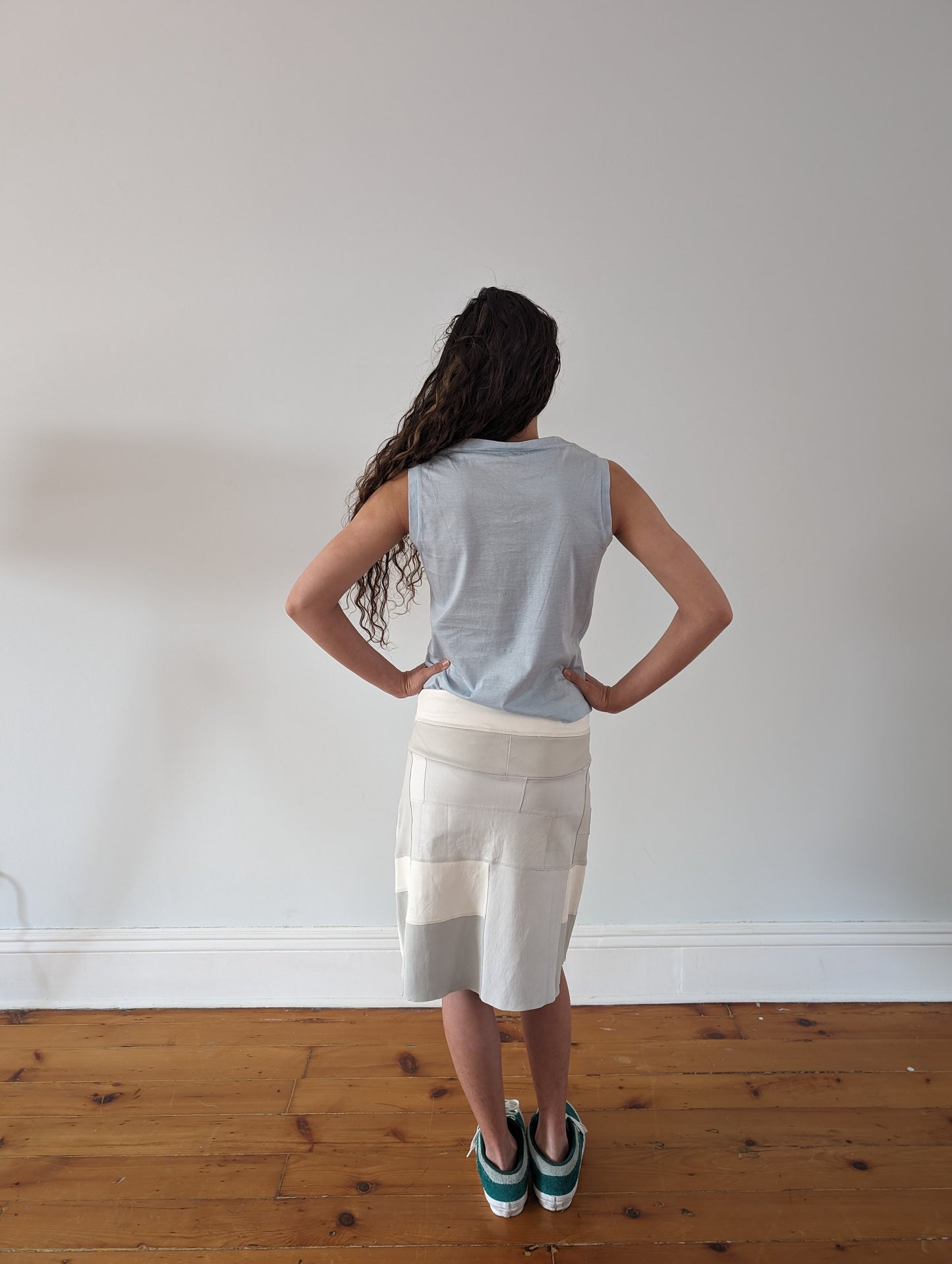 Stretch Lamb Leather Patchwork A-line Skirt: White