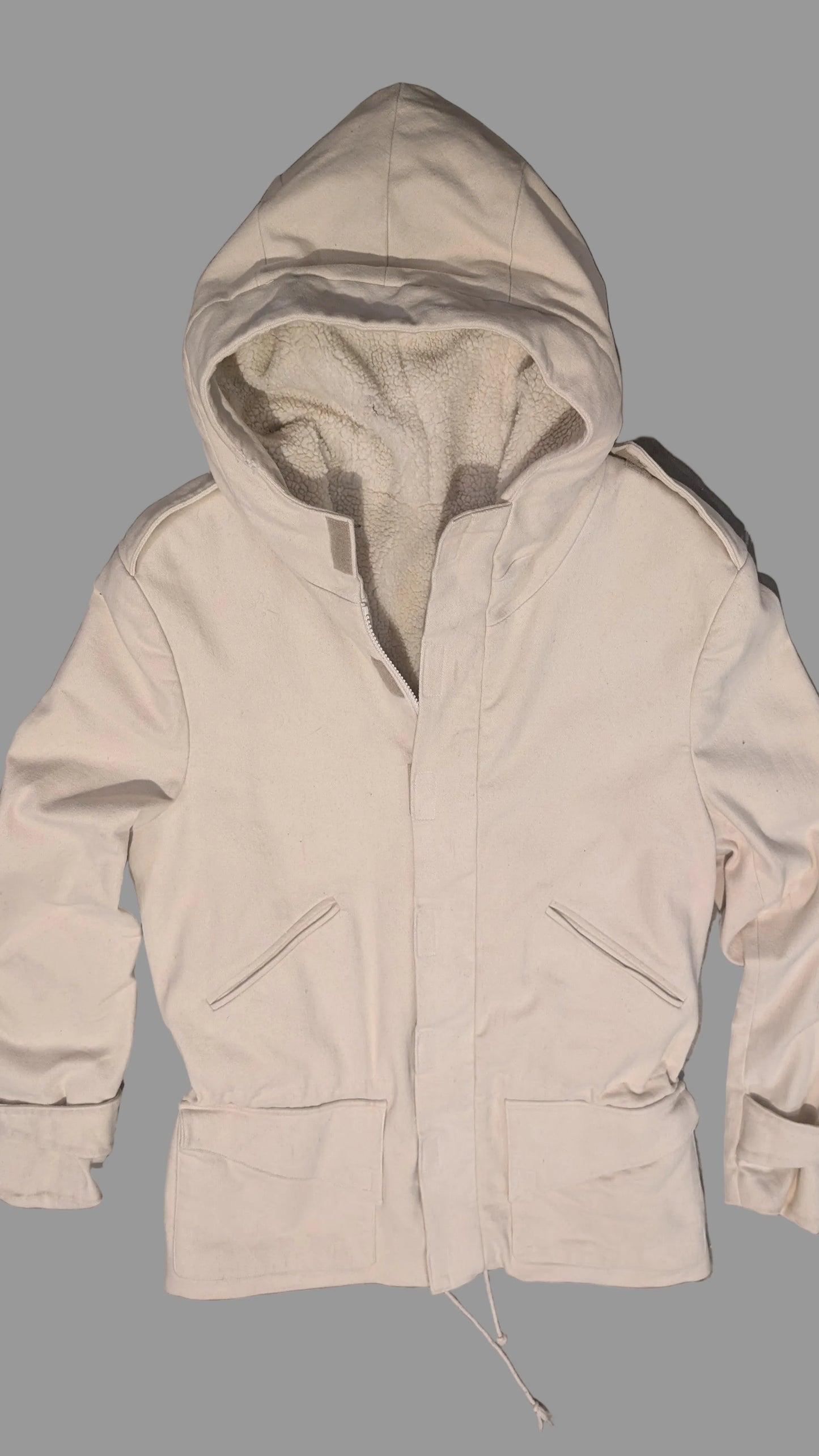 Hooded Parka Jacket.  Cream Stretch Cotton Moleskin.