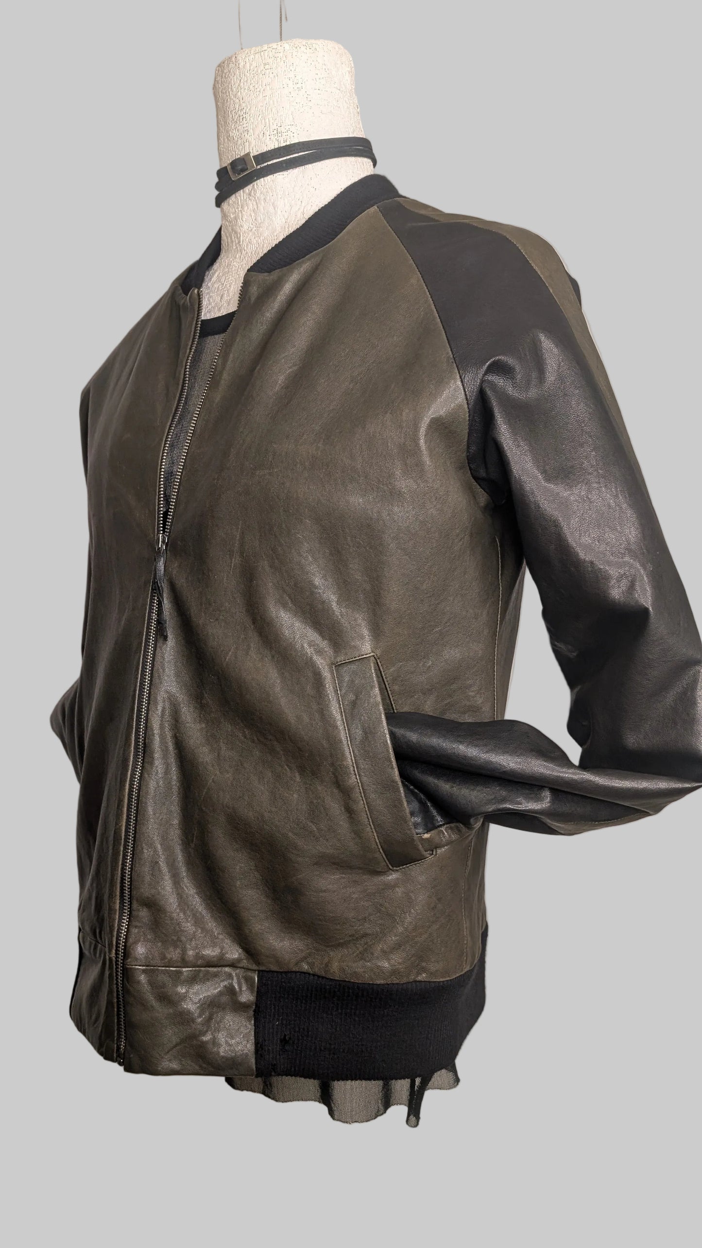 Bomber Jacket. Leather. Olive and Black.