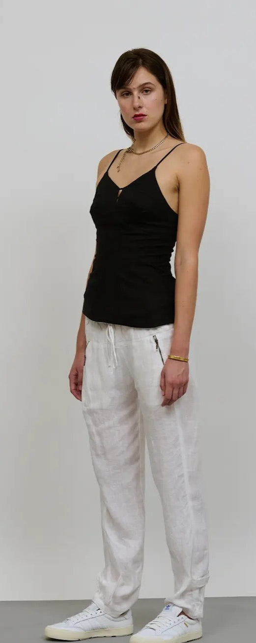 Tailored Drawstring pants. White Summer weight linen.