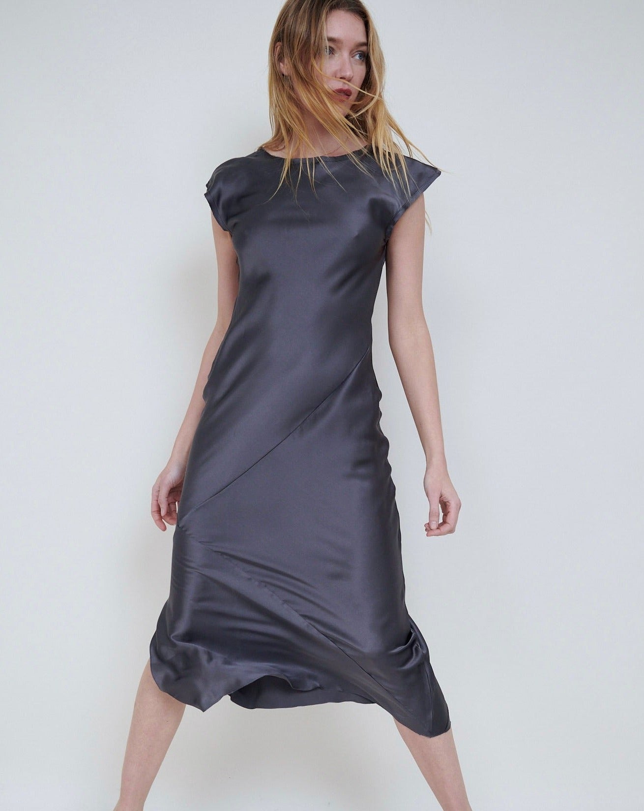 Slip Dress. Ankle-Grazer.  Bias Silk Dress: Anthracite Grey