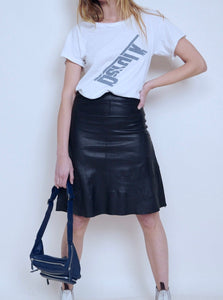 Stretch Lamb Leather A-line Skirt: Black, add or reduce length.