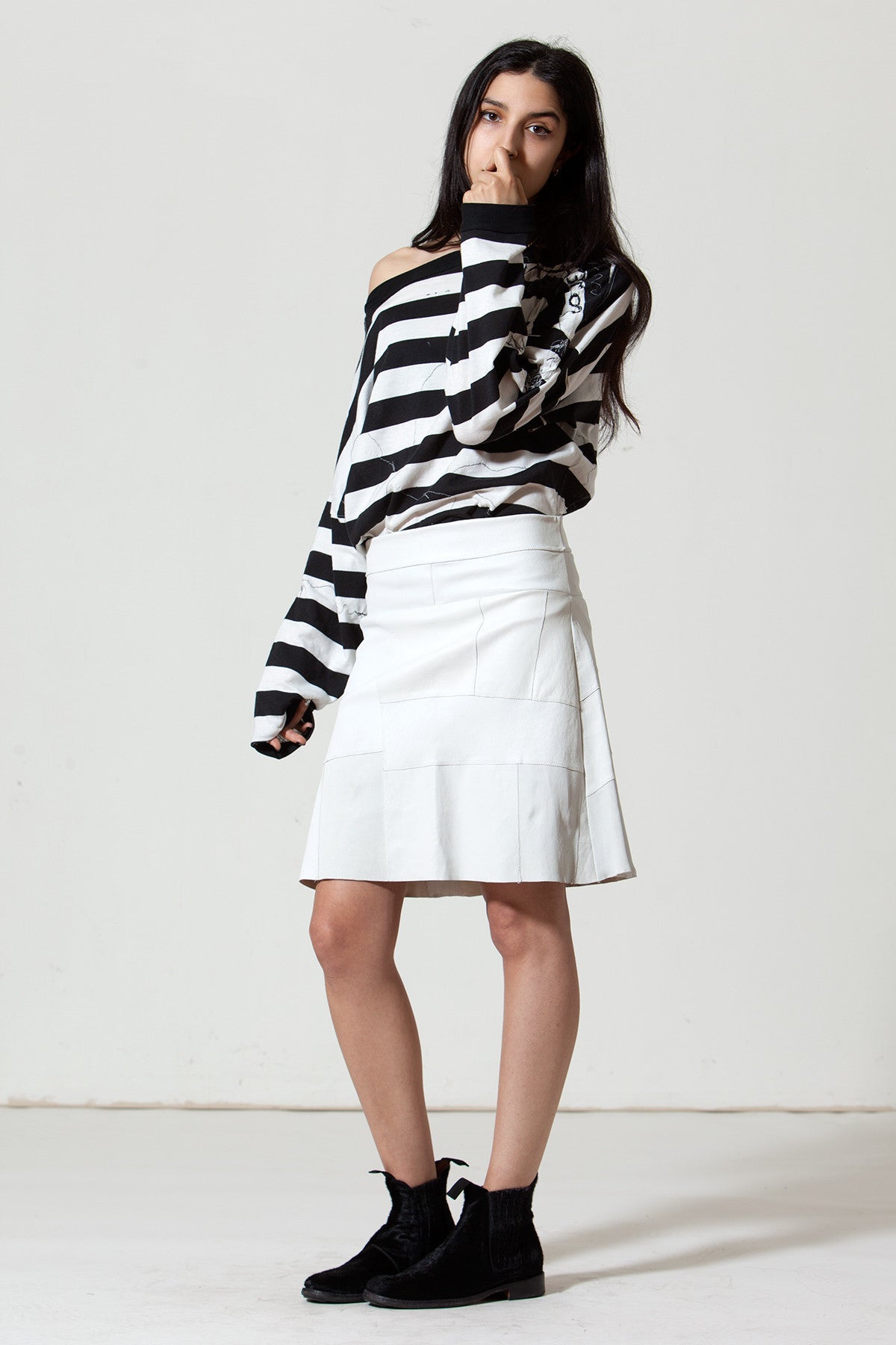 Stretch Lamb Leather Patchwork A-line Skirt: White
