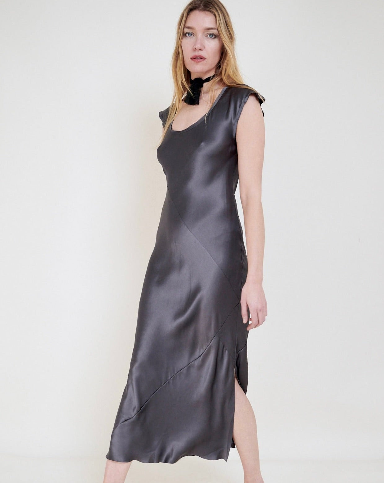 Slip Dress. Ankle-Grazer.  Bias Silk Dress: Anthracite Grey