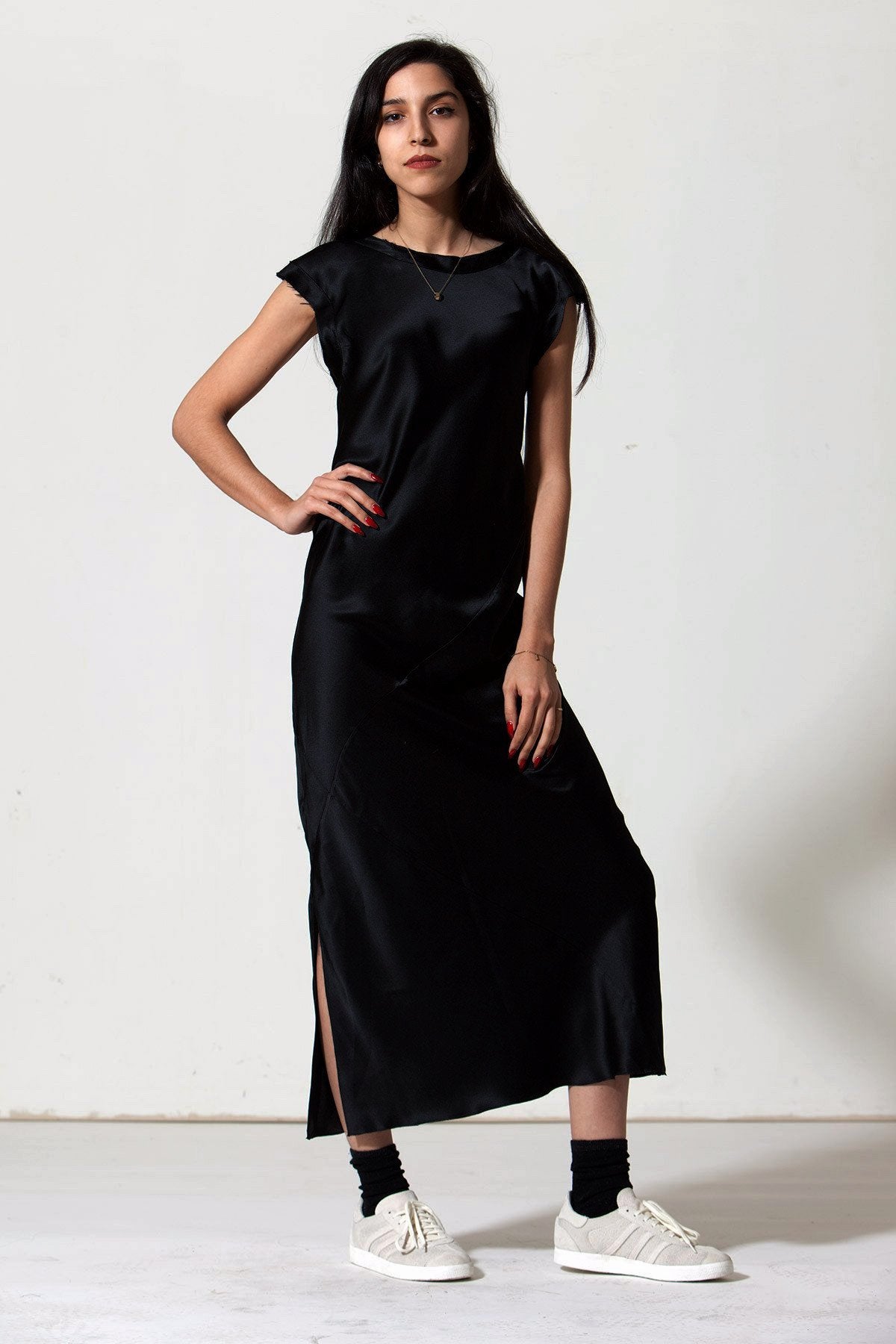 Ankle-Grazer Bias Silk Dress: Black