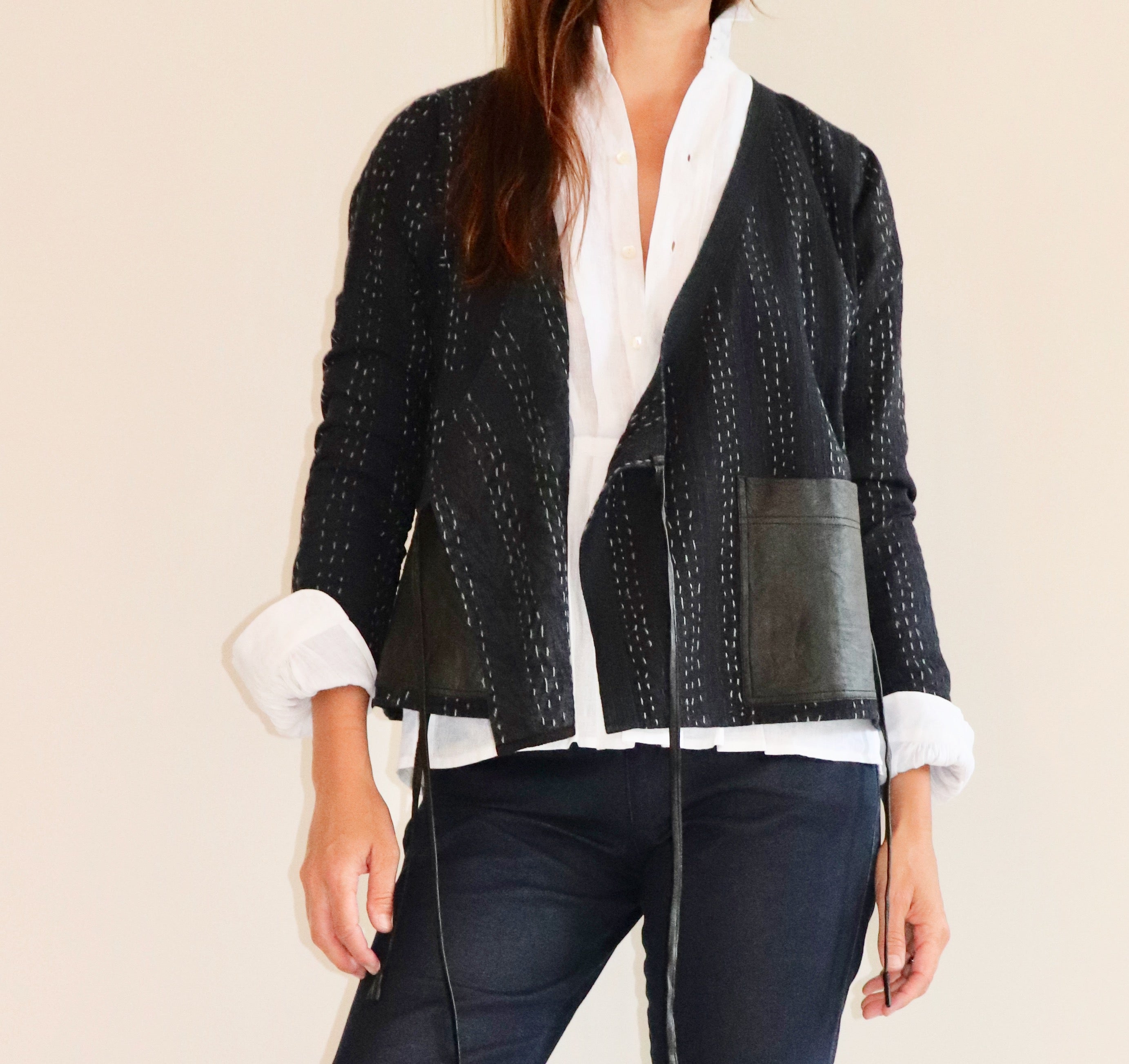Wrapper Jacket- Kantha Cotton and Leather.