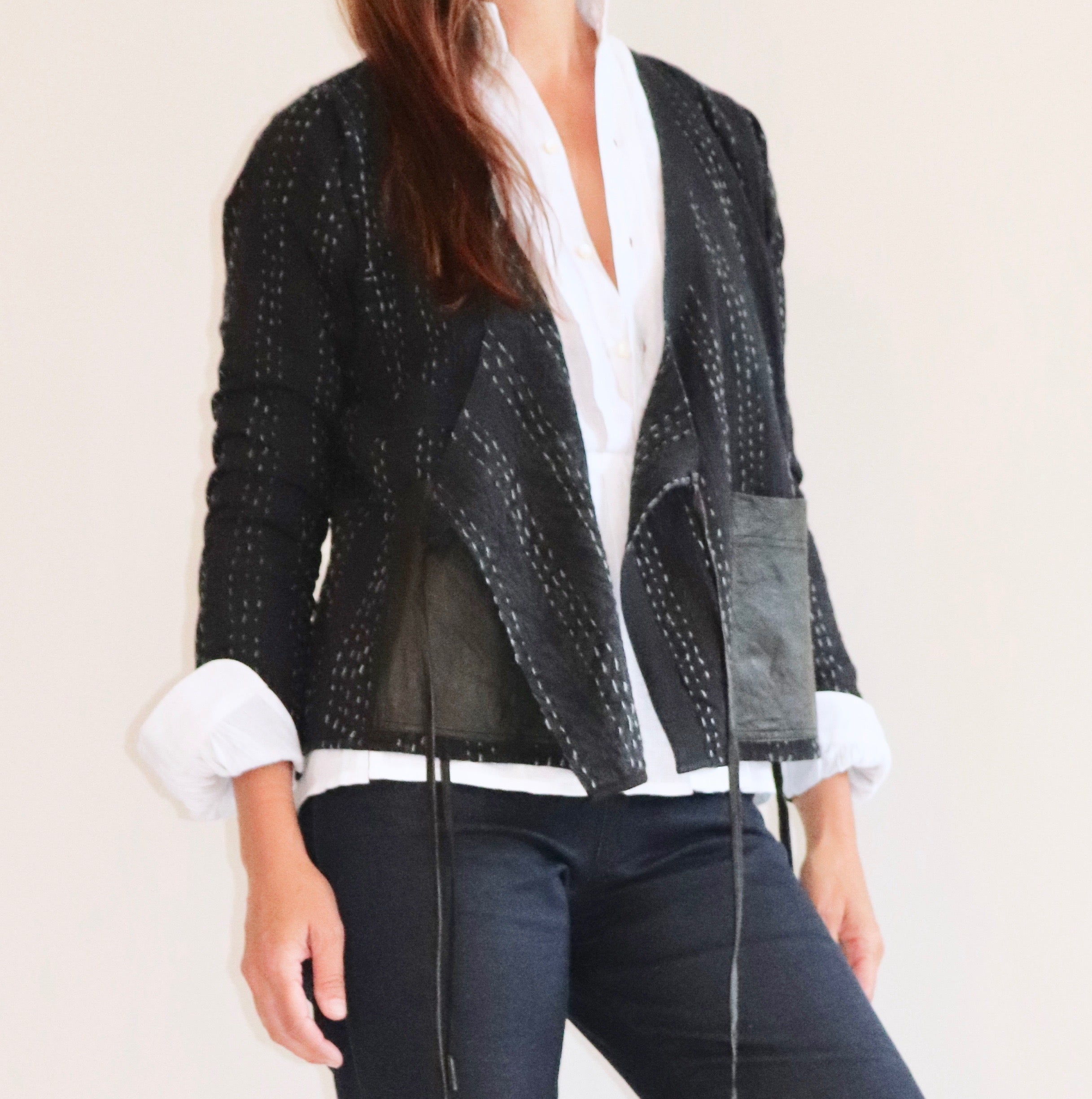 Wrapper Jacket- Kantha Cotton and Leather.
