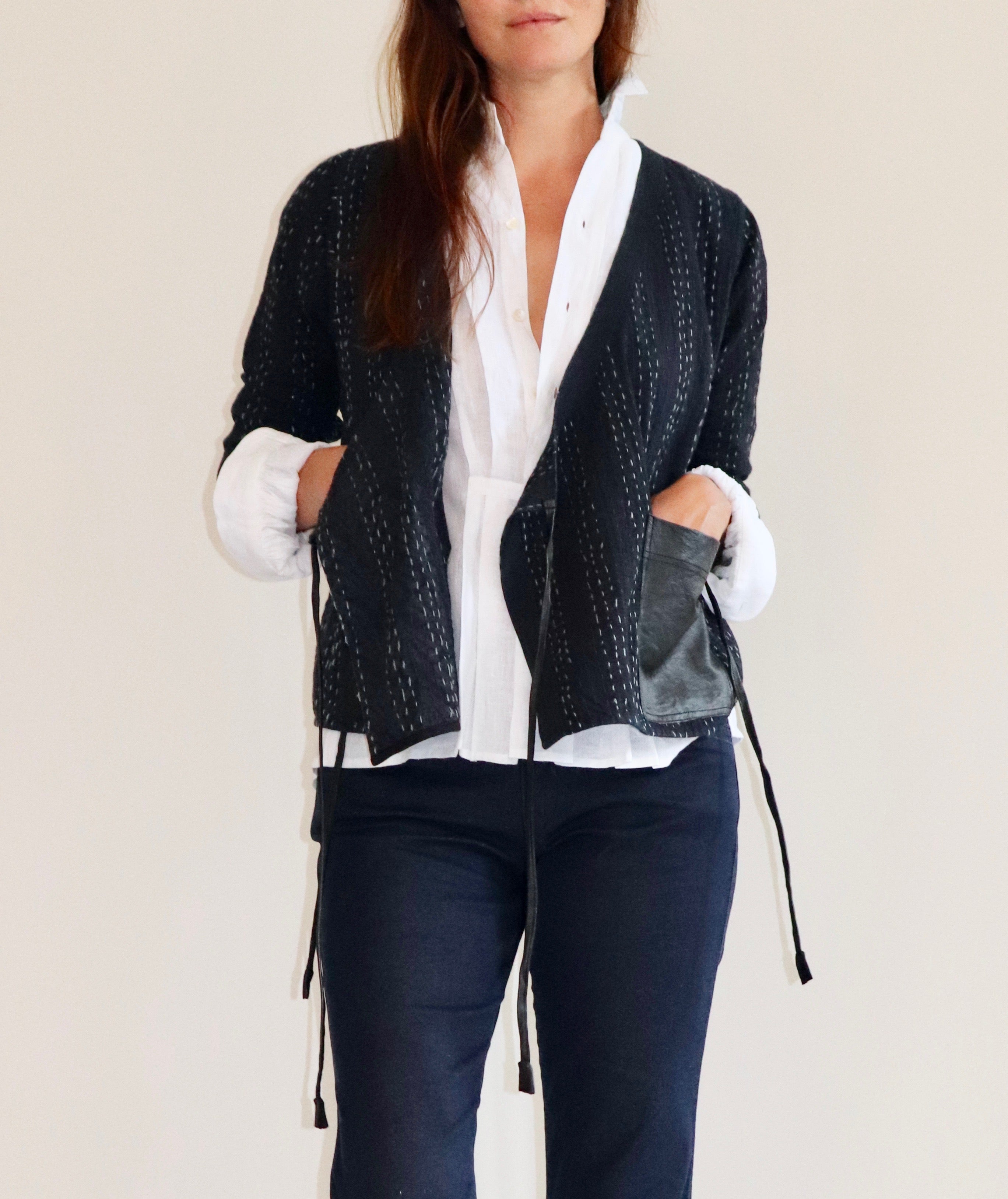 Wrapper Jacket- Kantha Cotton and Leather.