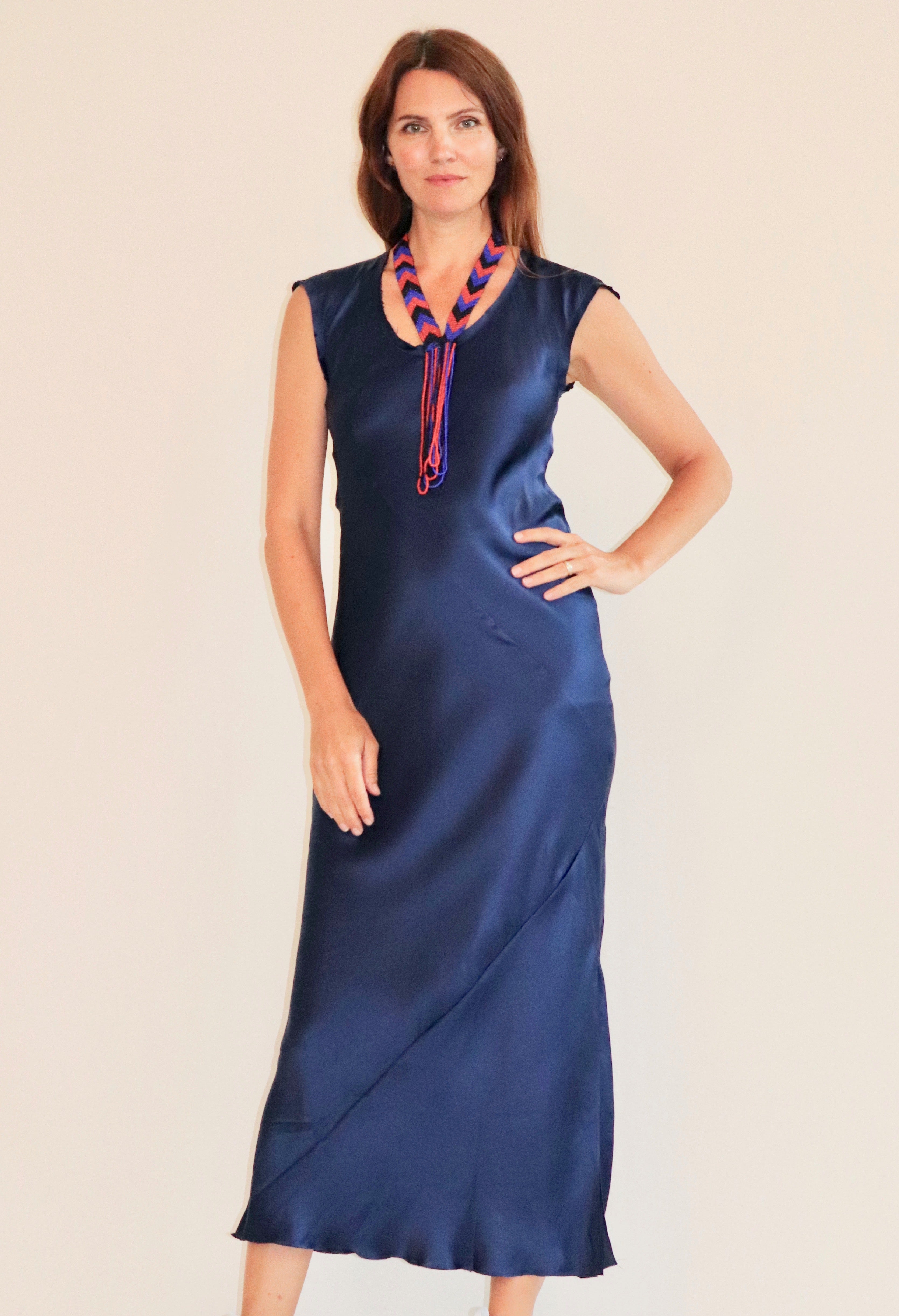 Slip dress. Ankle-Grazer Bias Silk Dress: Indigo