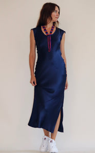 Slip dress. Ankle-Grazer Bias Silk Dress: Indigo