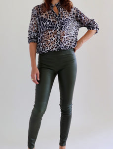 Stretch Lamb Leather Leggings,Olive Green