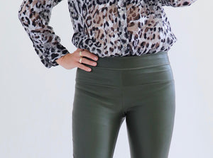 Stretch Lamb Leather Leggings,Olive Green