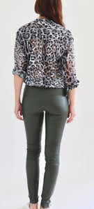 Stretch Lamb Leather Leggings,Olive Green
