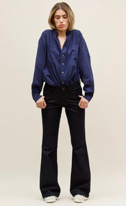 Pintucked Indigo Rinse Stretch Denim Flares