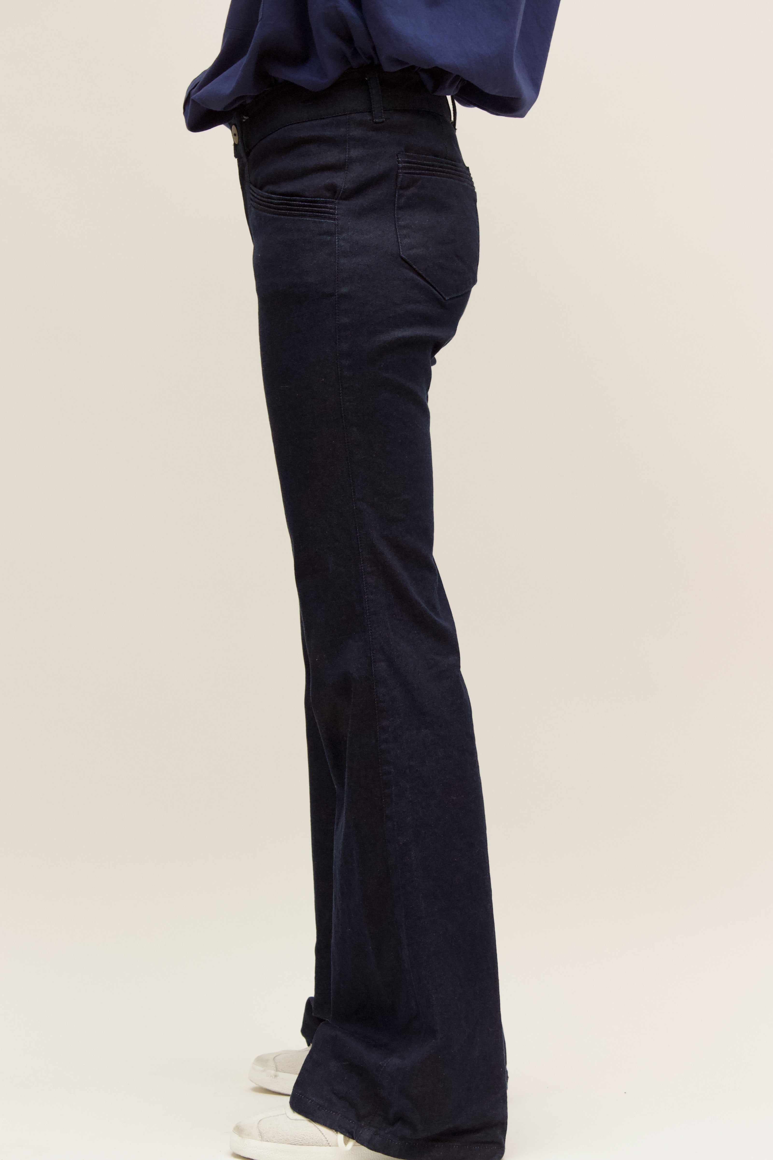 Pintucked Indigo Rinse Stretch Denim Flares
