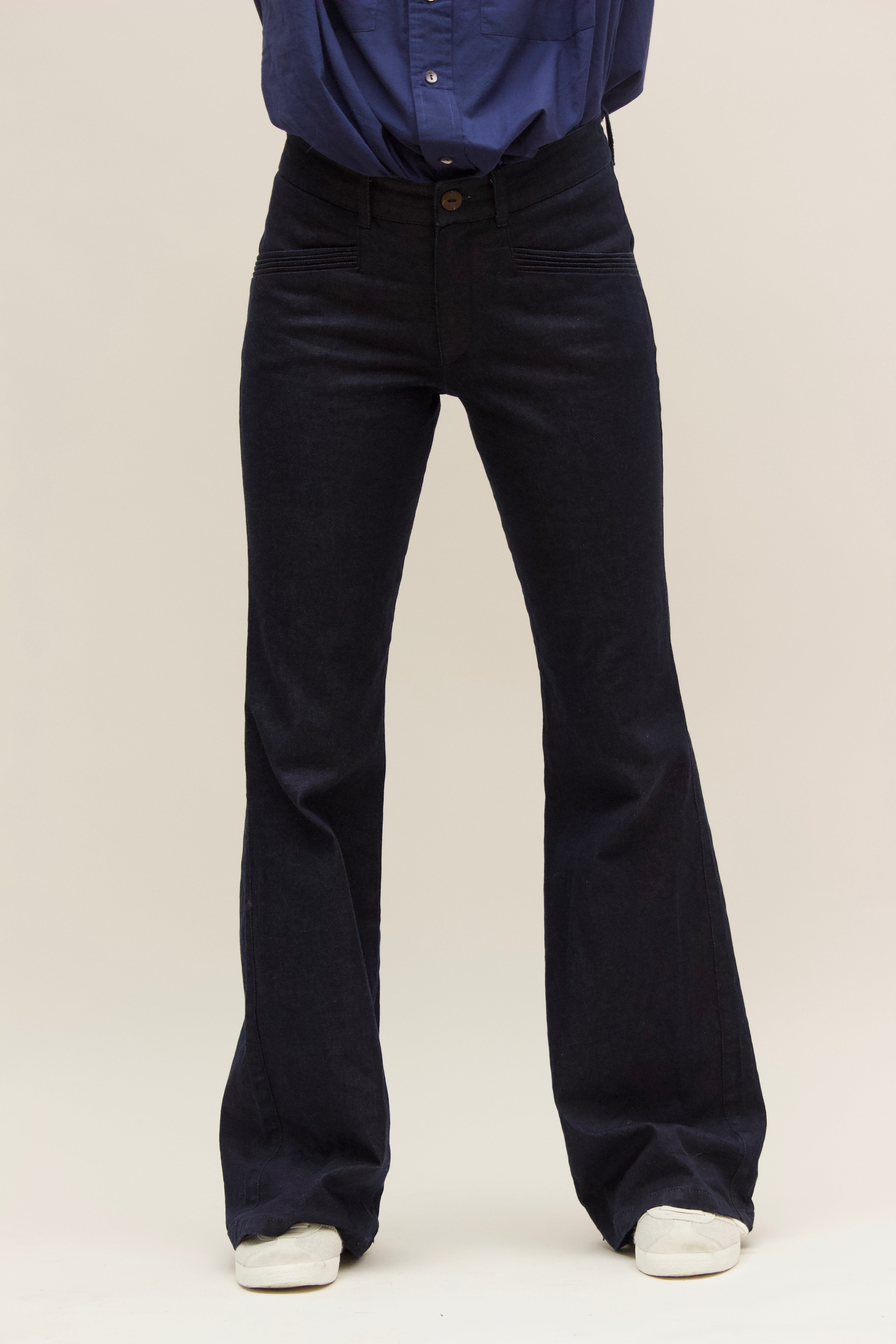 Pintucked Indigo Rinse Stretch Denim Flares