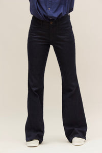 Pintucked Indigo Rinse Stretch Denim Flares