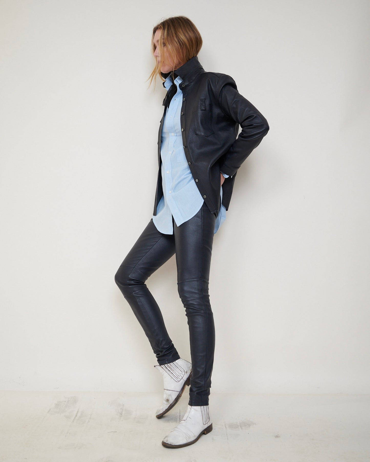 Stretch Lamb Leather Classic Leggings, Atlantic Blue
