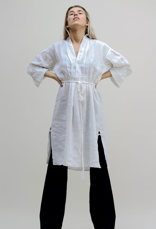 Gentlewoman Linen Peasant Dress, White.